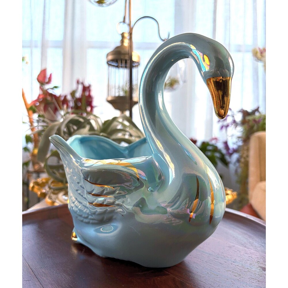 Vintage Blue Lusterware Swan Planter 22 K Gold Trim MCM USA Ceramic Pottery